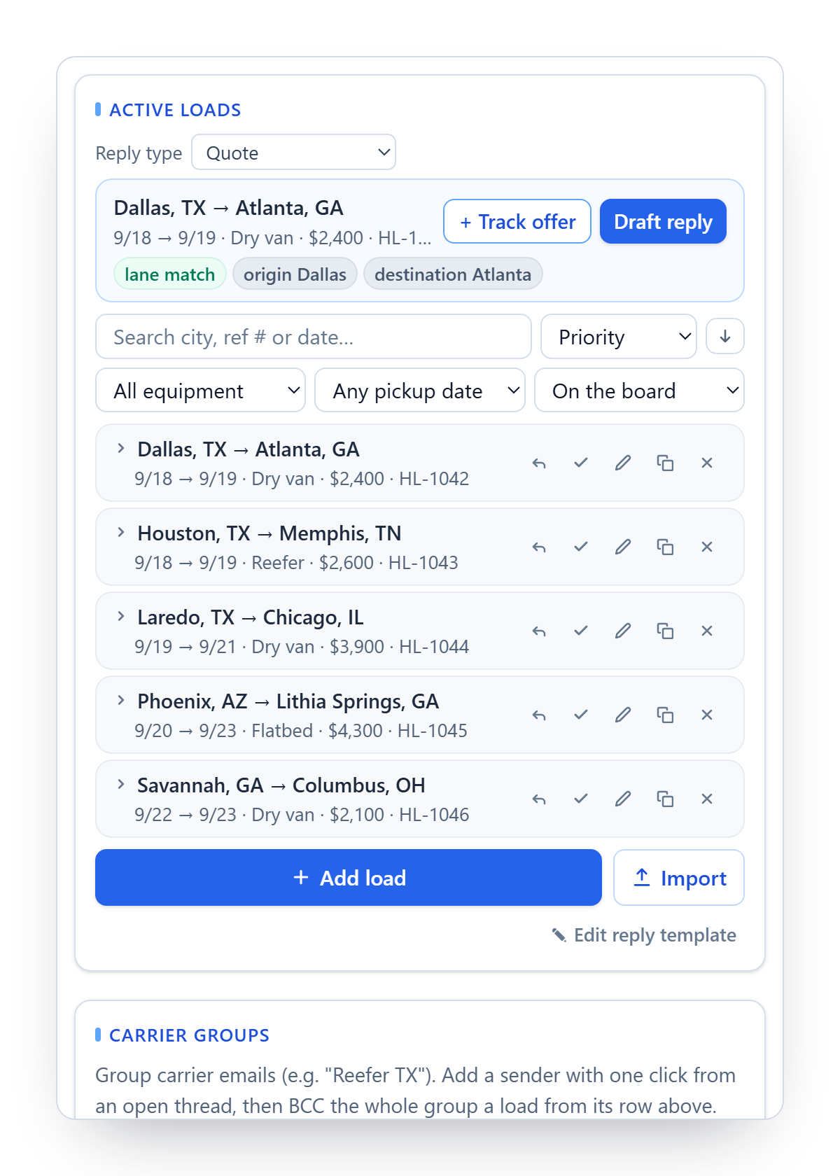 My Loads in the HauLens drawer: a lane match for the open email on top, then the list of active loads with search, sorting, and filters